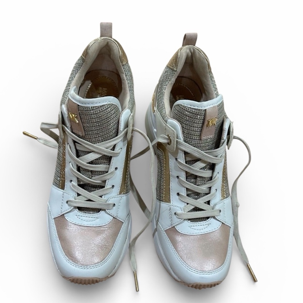 Michael Kors Georgie Wedge Sneakers Gold White Chain Trainer Size 6.5
